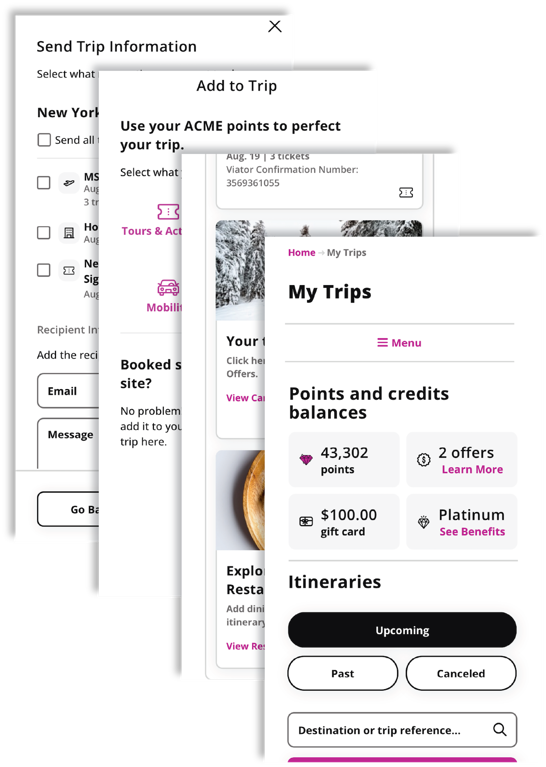 Screen shots of the My Trips section of the iSeatz platform show ability to organize itineraries, add travel and lifestyle experiences to the trip, and share trip information with friends and family